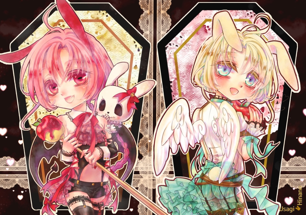 うさ小悪魔♂†うさ天使♂の白プラ板キーホルダー。台紙代わりのイラストカード付。