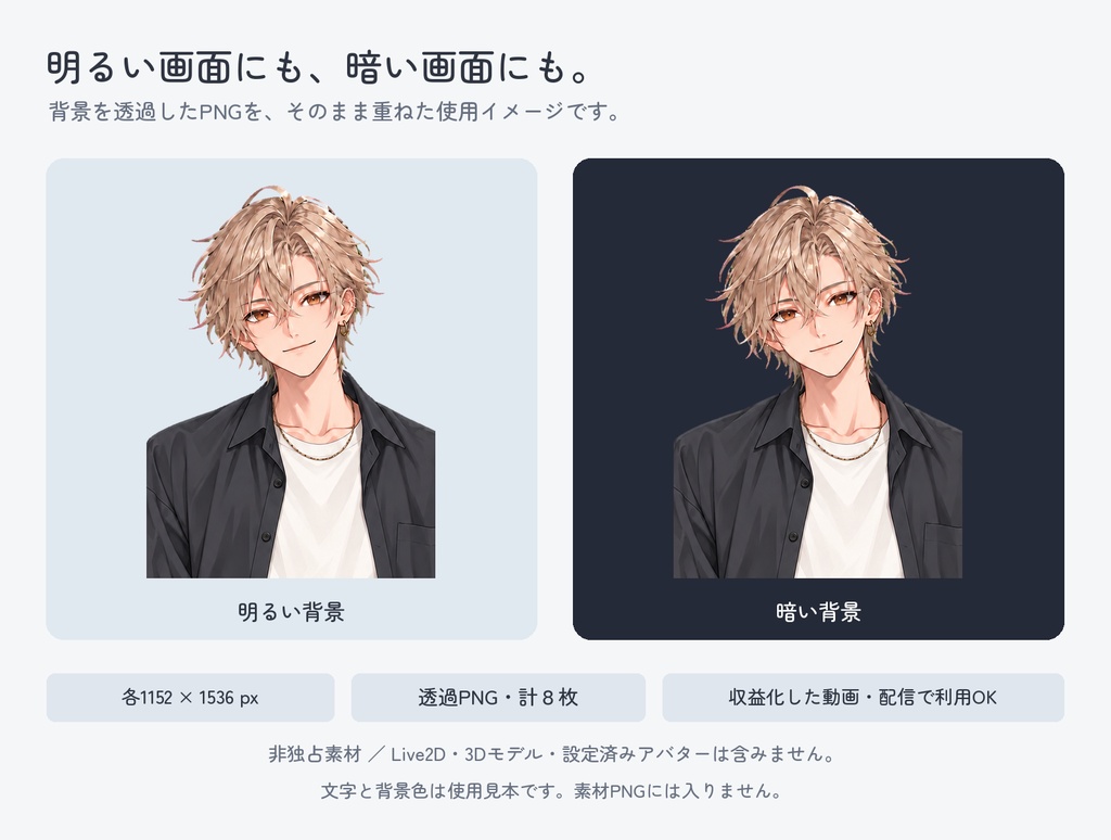 【PNGTuber用・非独占】金髪の男性|チャコールシャツ・透過PNG8枚+日本語設定ガイド