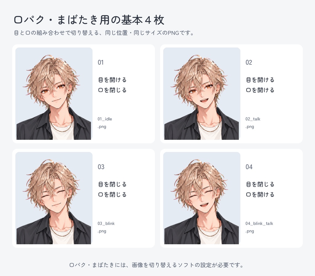 【PNGTuber用・非独占】金髪の男性｜チャコールシャツ・透過PNG8枚＋日本語設定ガイド