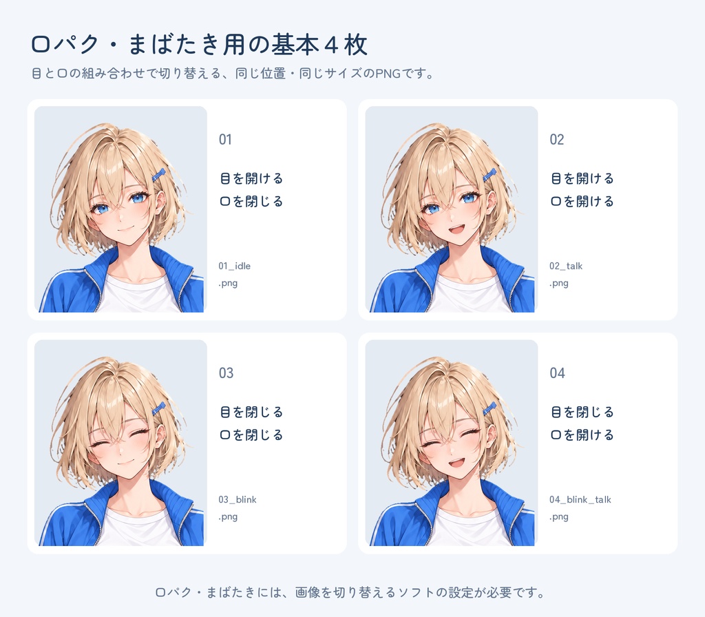 【PNGTuber用・非独占】金髪ボブの女の子|ブルーコーデ・透過PNG8枚+日本語設定ガイド