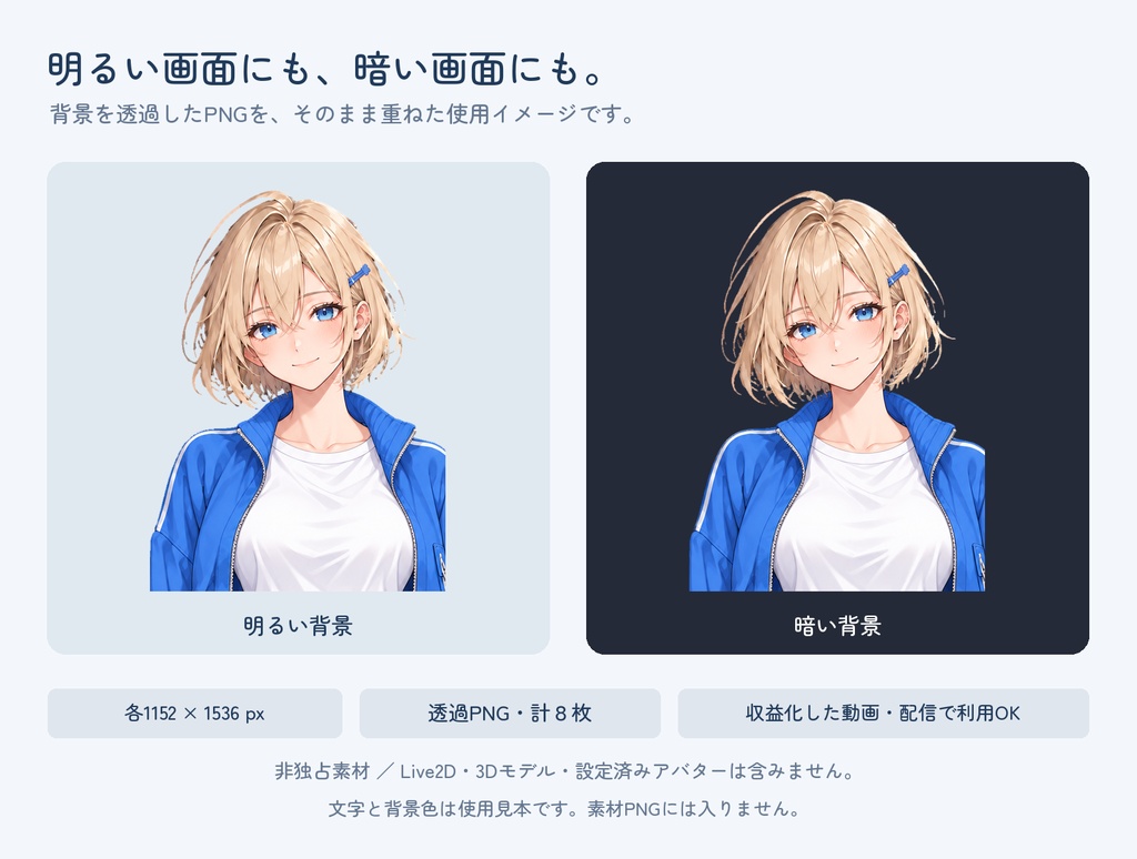 【PNGTuber用・非独占】金髪ボブの女の子|ブルーコーデ・透過PNG8枚+日本語設定ガイド