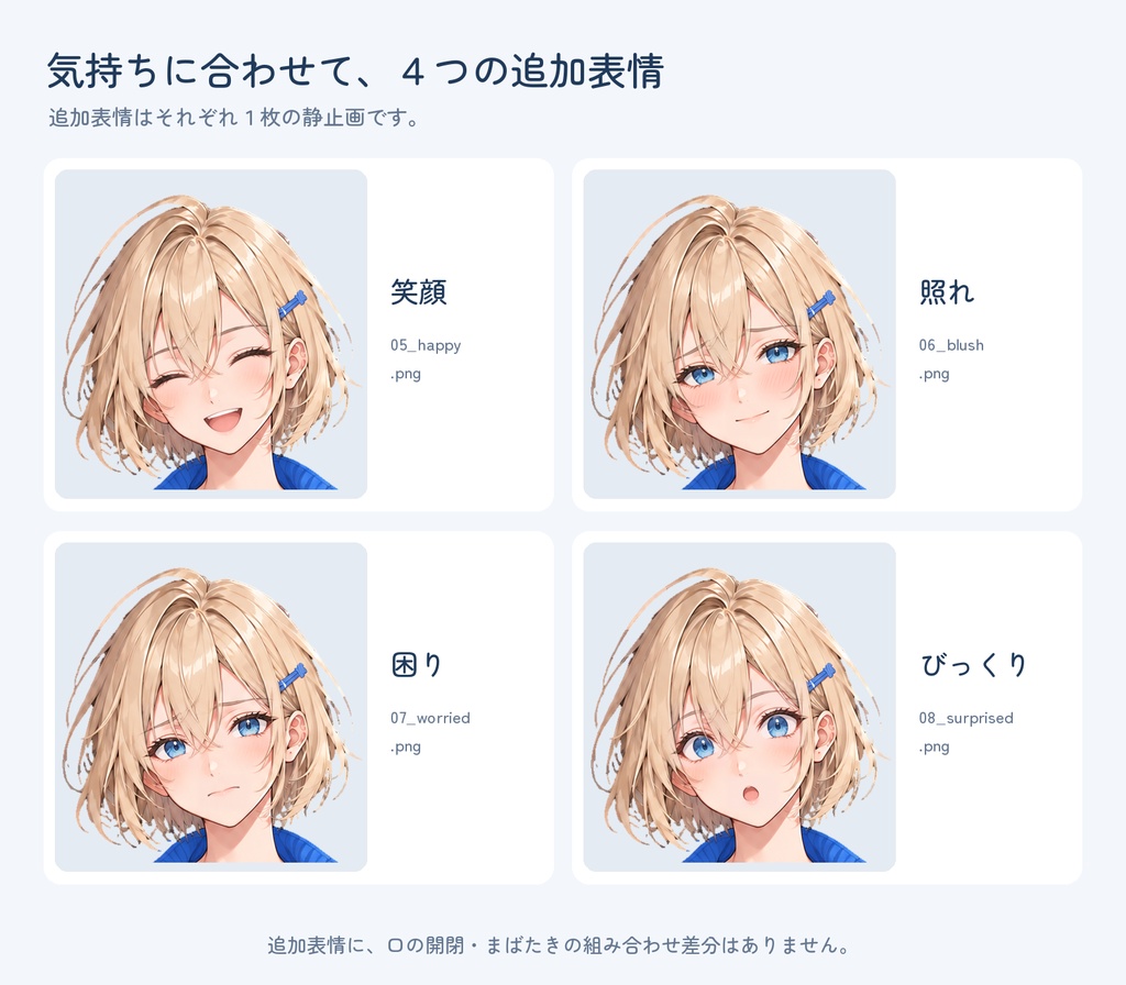 【PNGTuber用・非独占】金髪ボブの女の子|ブルーコーデ・透過PNG8枚+日本語設定ガイド