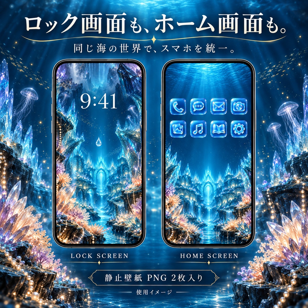ひかりの底へ｜幻想の海 スマホ着せ替えセット【動画素材・壁紙2枚・アイコン8種】