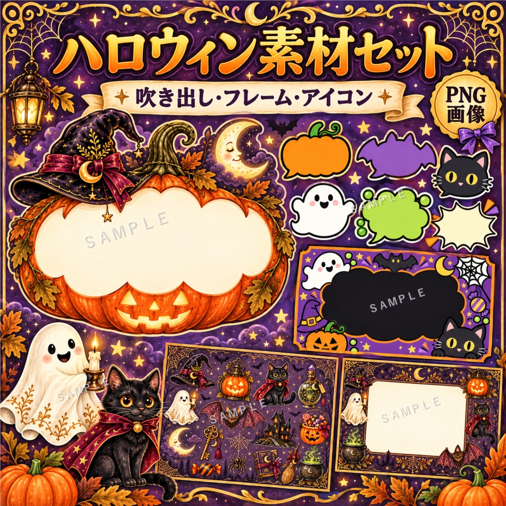 【全56種・背景透過PNG】ハロウィン素材セット｜アイコン35種・吹き出し17種・メッセージカード4種