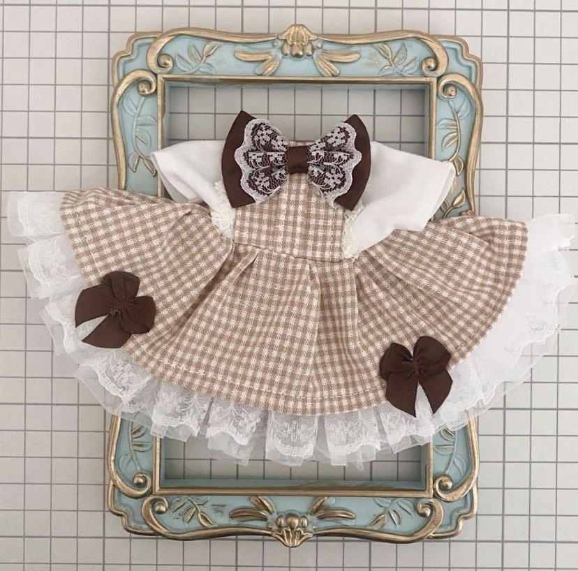 ぬい服15〜16㎝*チェックのワンピース*カフェオレ