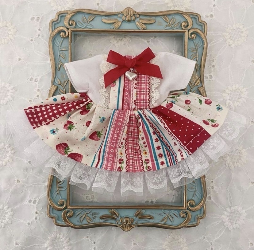 ぬい服15〜16㎝*ワンピース*フルーツリボン・レッド