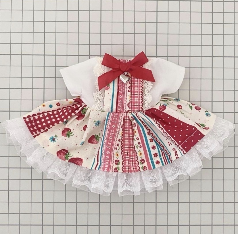 ぬい服15〜16㎝*ワンピース*フルーツリボン・レッド