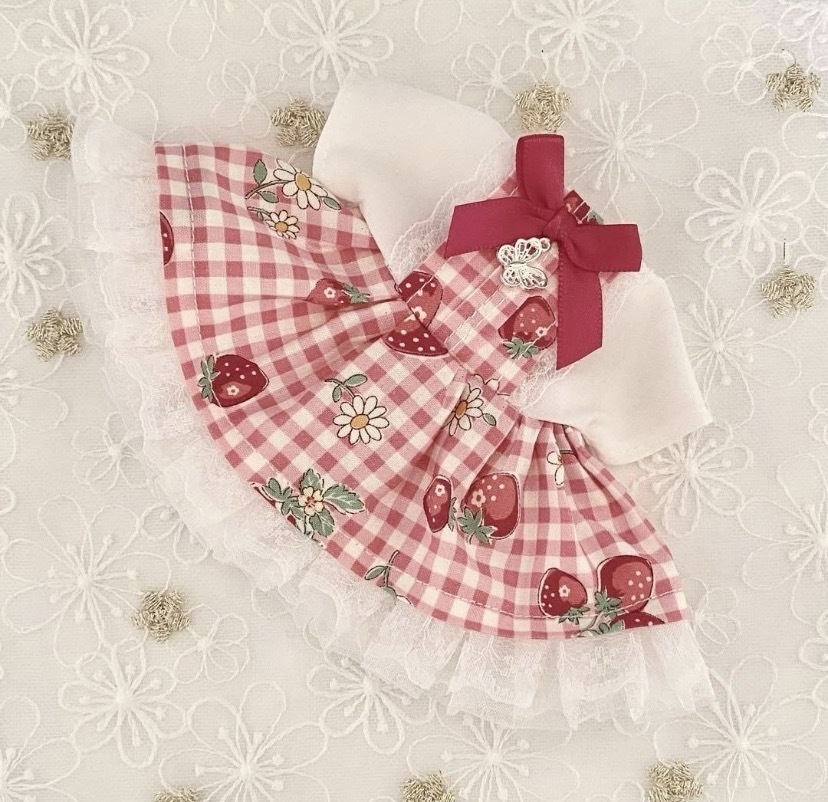 ぬい服15〜16㎝用 ワンピース ♡ Check ＆ Strawberry