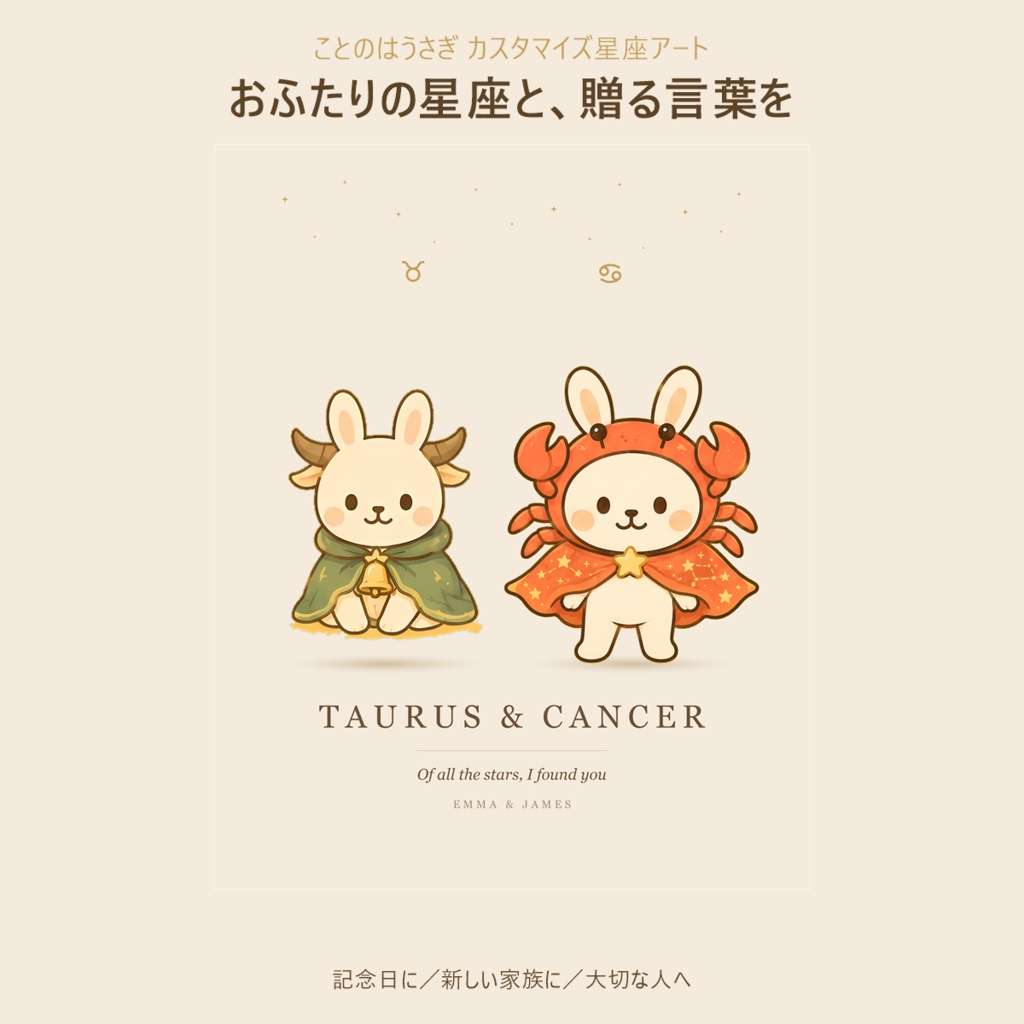 【受注制作】ことのはうさぎ ふたりの星座アート|2名|お名前・メッセージ入り|印刷用データ