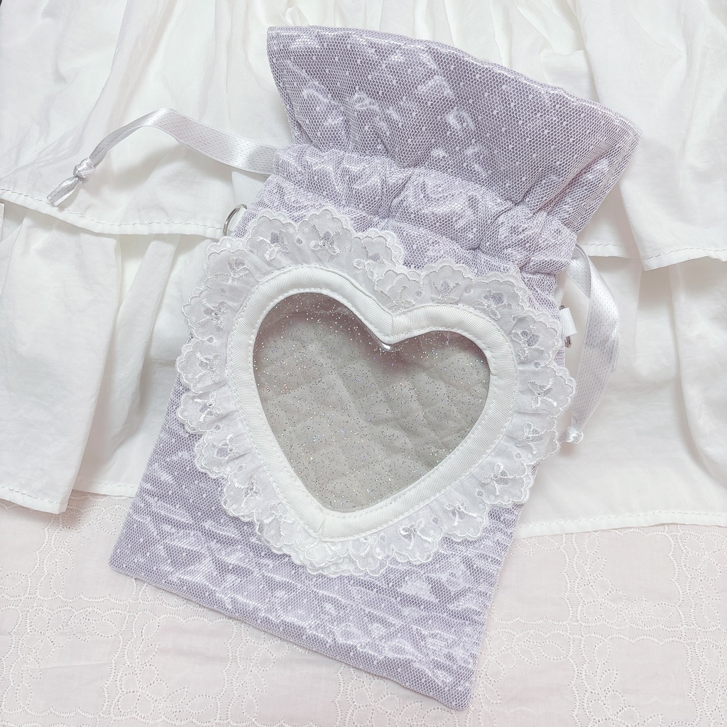 11〜16cmぬい用ハート窓巾着ポシェット_ドットチュール