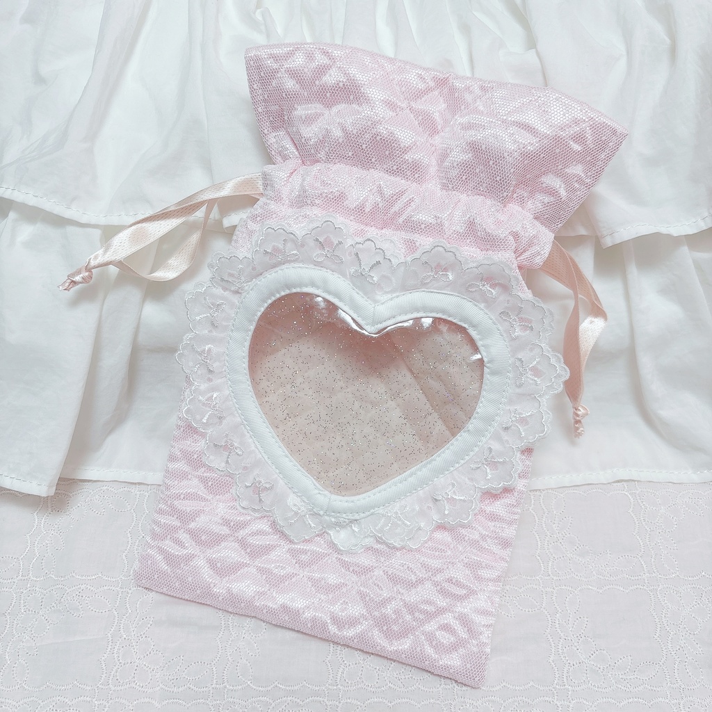 11〜16cmぬい用ハート窓巾着ポシェット_ドットチュール