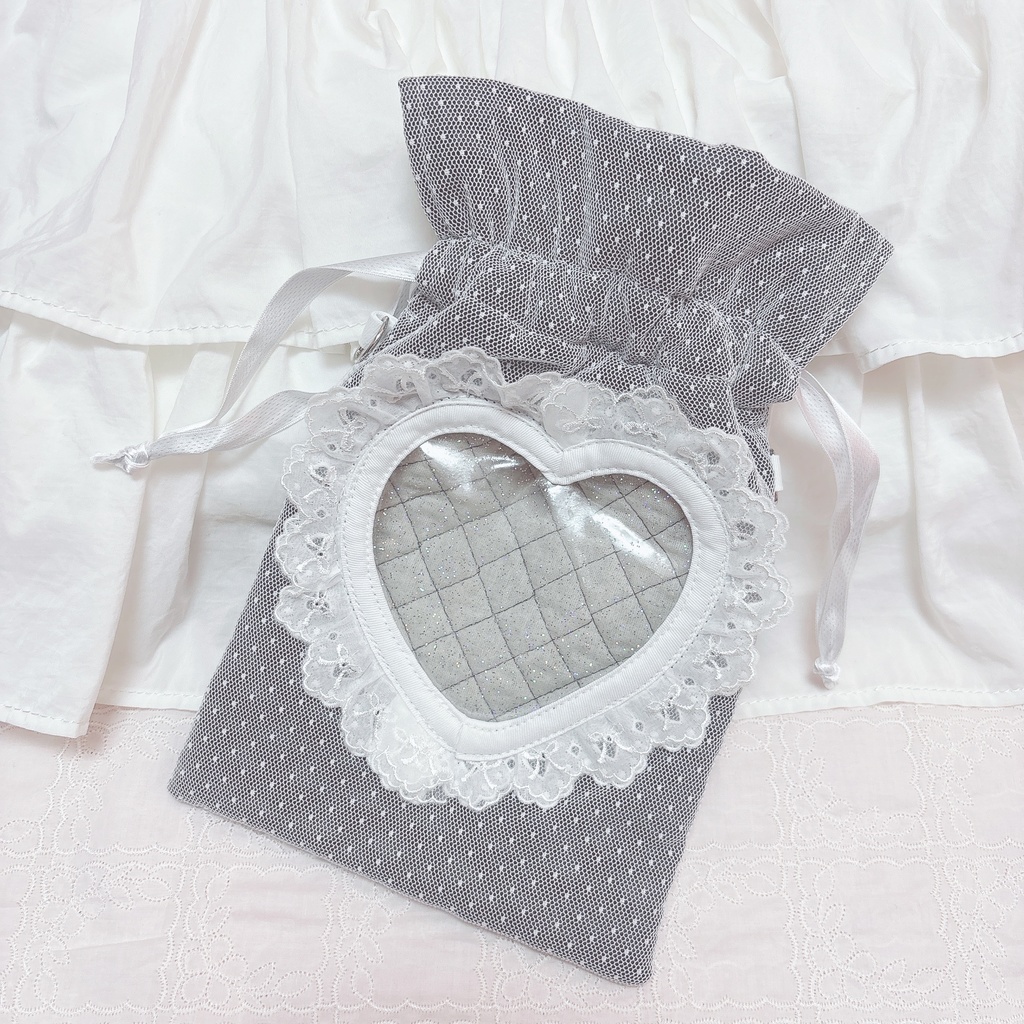 11〜16cmぬい用ハート窓巾着ポシェット_ドットチュール
