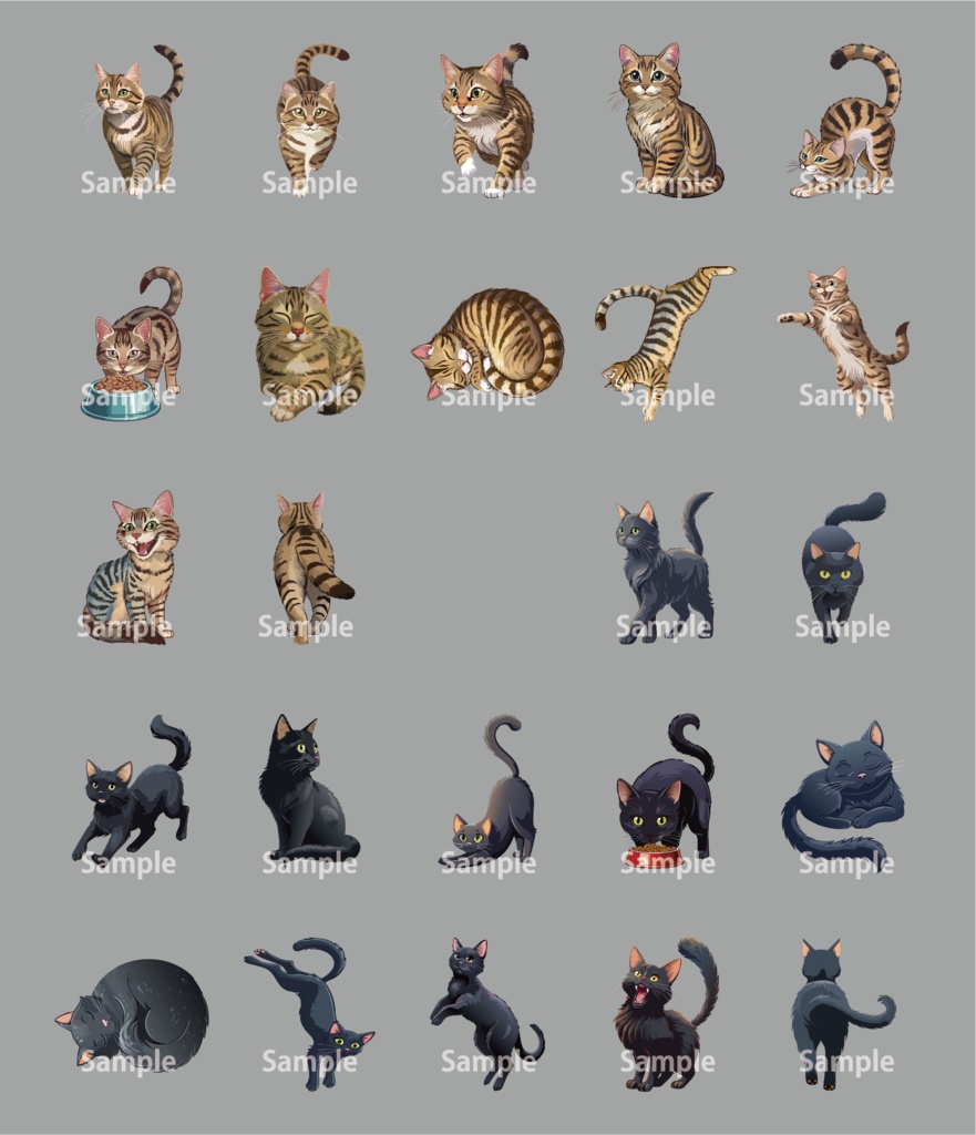 キジトラ猫12種類 + 黒猫イラスト12種類  +　壁紙1種類