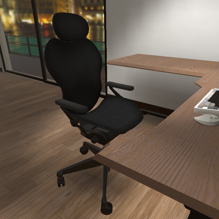 【VRインテリア】PCデスクセット(デスク×2サイズ・デスクチェア・PC・モニター・キーボード・トラックボールマウス) STRINT002【VRChat想定】