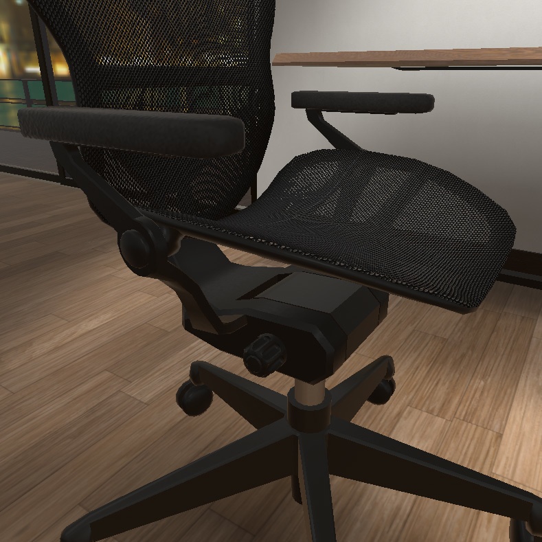 【VRインテリア】PCデスクセット(デスク×2サイズ・デスクチェア・PC・モニター・キーボード・トラックボールマウス) STRINT002【VRChat想定】