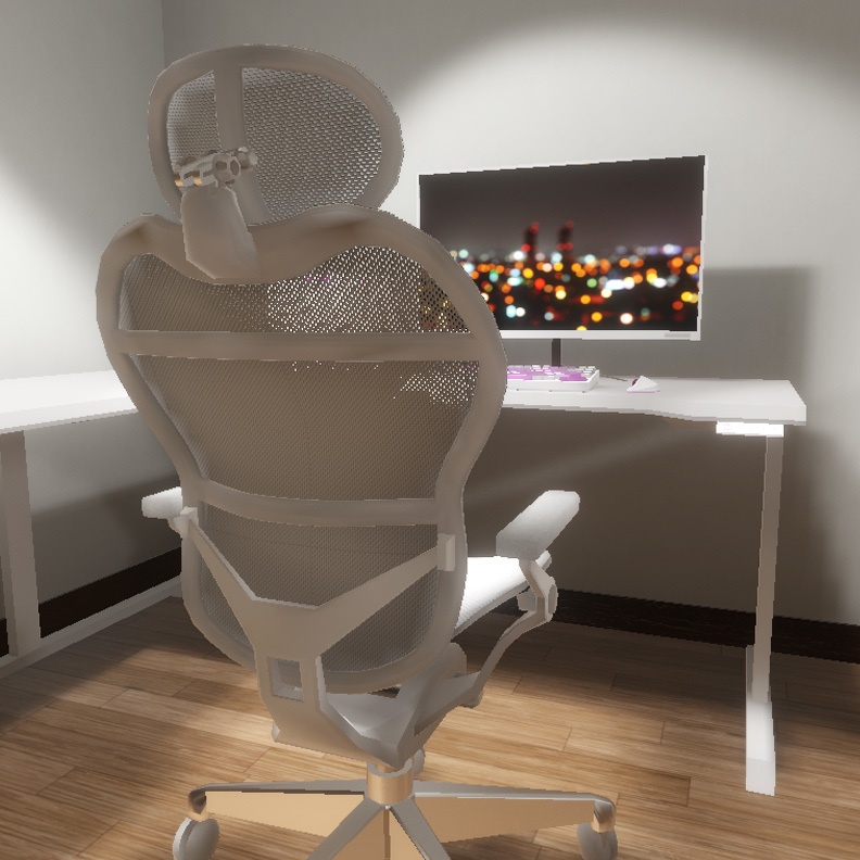 【VRインテリア】PCデスクセット(デスク×2サイズ・デスクチェア・PC・モニター・キーボード・トラックボールマウス) STRINT002【VRChat想定】