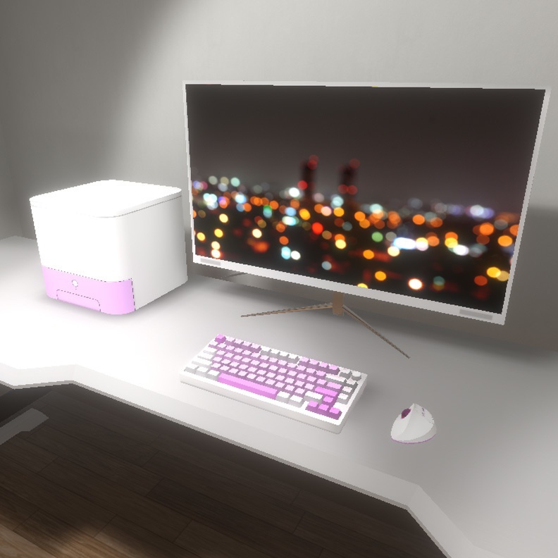 【VRインテリア】PCデスクセット(デスク×2サイズ・デスクチェア・PC・モニター・キーボード・トラックボールマウス) STRINT002【VRChat想定】