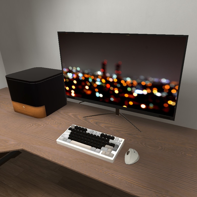 【VRインテリア】PCデスクセット(デスク×2サイズ・デスクチェア・PC・モニター・キーボード・トラックボールマウス) STRINT002【VRChat想定】