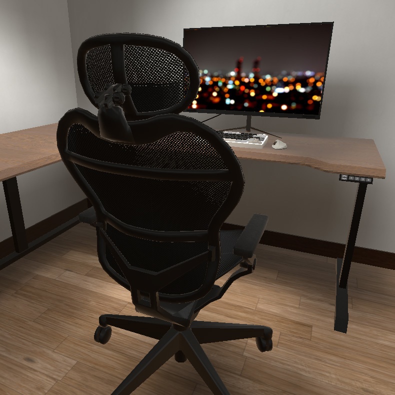 【VRインテリア】PCデスクセット(デスク×2サイズ・デスクチェア・PC・モニター・キーボード・トラックボールマウス) STRINT002【VRChat想定】