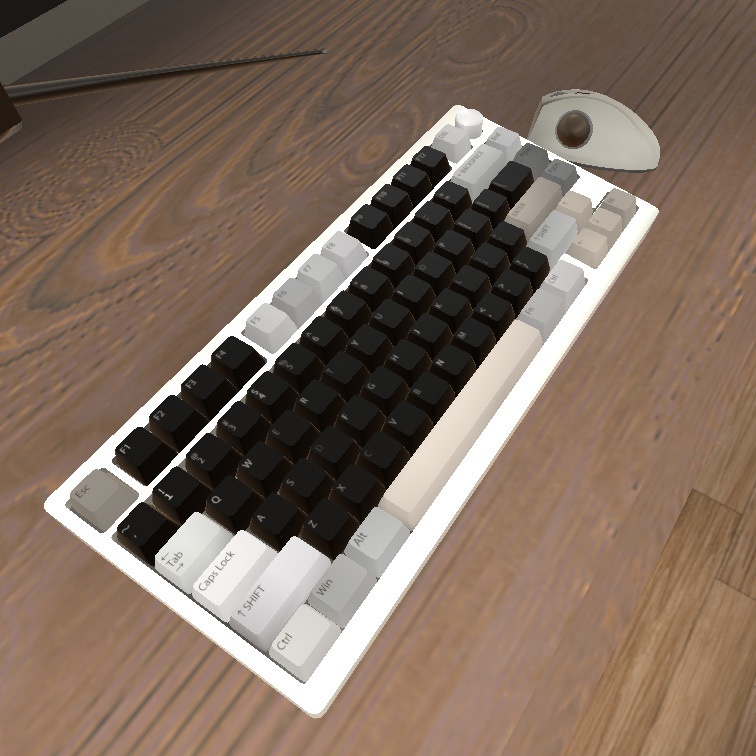 【VRインテリア】PCデスクセット(デスク×2サイズ・デスクチェア・PC・モニター・キーボード・トラックボールマウス) STRINT002【VRChat想定】