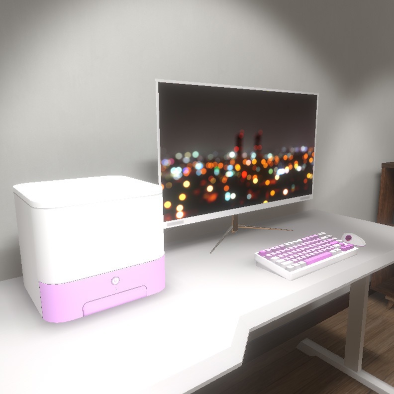 【VRインテリア】PCデスクセット(デスク×2サイズ・デスクチェア・PC・モニター・キーボード・トラックボールマウス) STRINT002【VRChat想定】