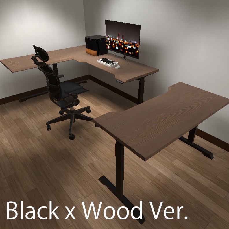 【VRインテリア】PCデスクセット(デスク×2サイズ・デスクチェア・PC・モニター・キーボード・トラックボールマウス) STRINT002【VRChat想定】