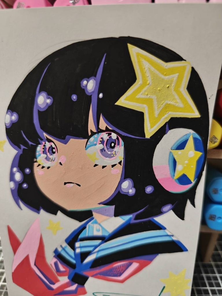 ポストカードサイズ 女の子 PILOT juice paintと紙用マッキー極細作画