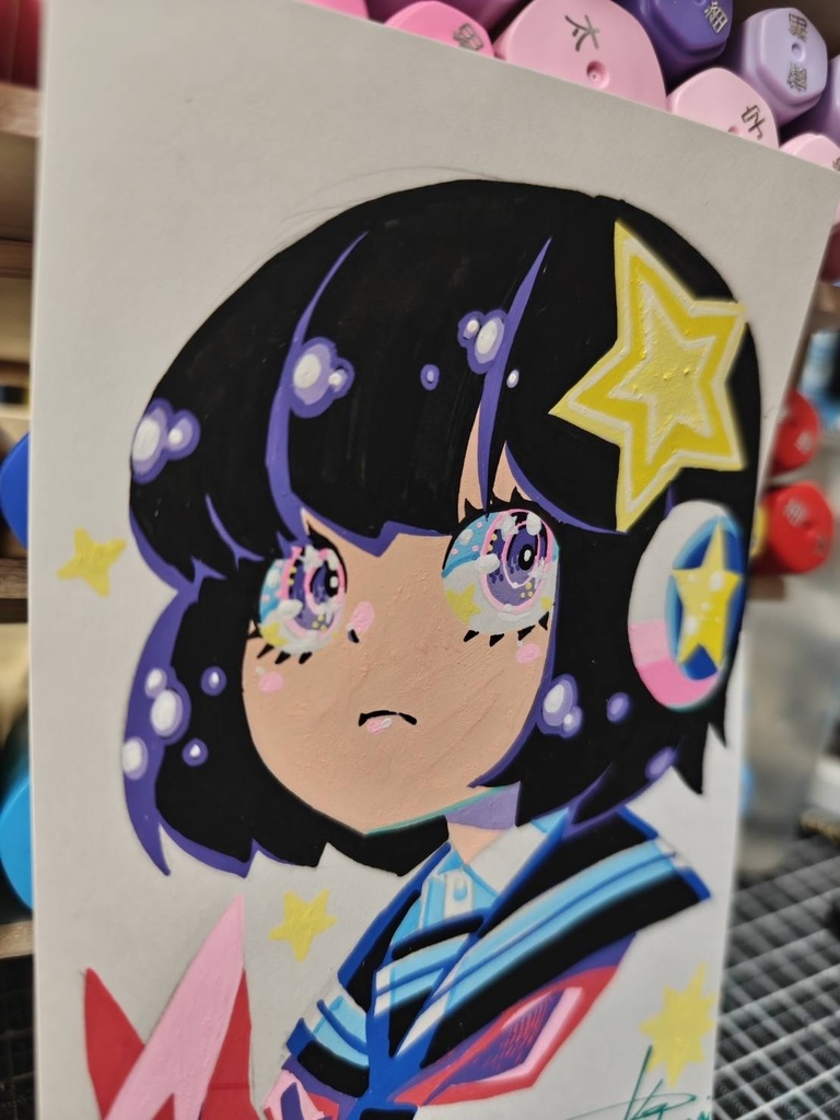 ポストカードサイズ 女の子 PILOT juice paintと紙用マッキー極細作画