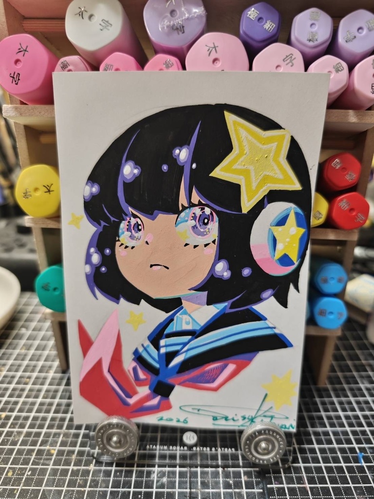 ポストカードサイズ　女の子　PILOT juice paintと紙用マッキー極細作画