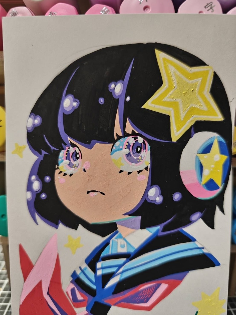 ポストカードサイズ 女の子 PILOT juice paintと紙用マッキー極細作画