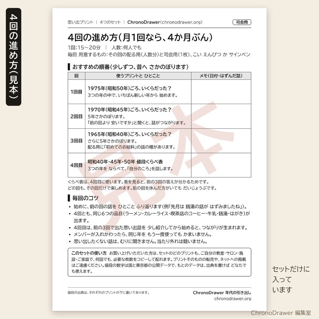 思い出プリント|昭和の物価クイズ 4つのセット(昭和40年・45年・50年+値段くらべ表)「4回の進め方」つき 高齢者レク A4印刷用PDF