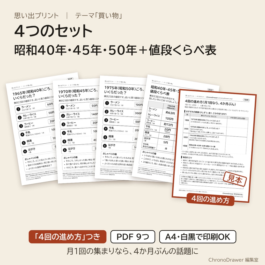 思い出プリント｜昭和の物価クイズ 4つのセット（昭和40年・45年・50年＋値段くらべ表）「4回の進め方」つき 高齢者レク A4印刷用PDF