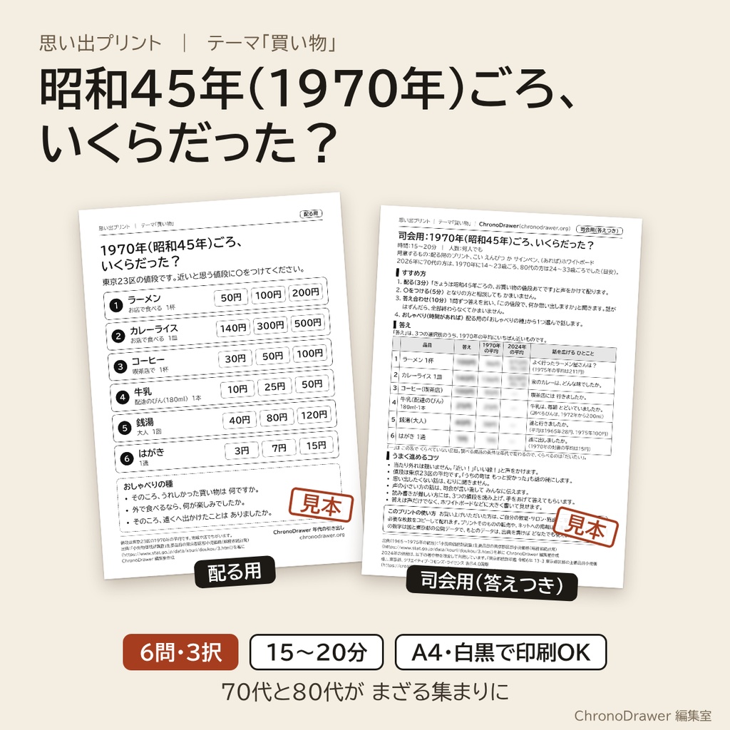 思い出プリント|昭和45年(1970年)ごろの物価クイズ「いくらだった?」高齢者レク 3択プリント+司会用シート A4印刷用PDF