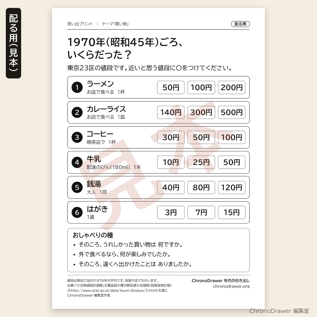 思い出プリント|昭和45年(1970年)ごろの物価クイズ「いくらだった?」高齢者レク 3択プリント+司会用シート A4印刷用PDF