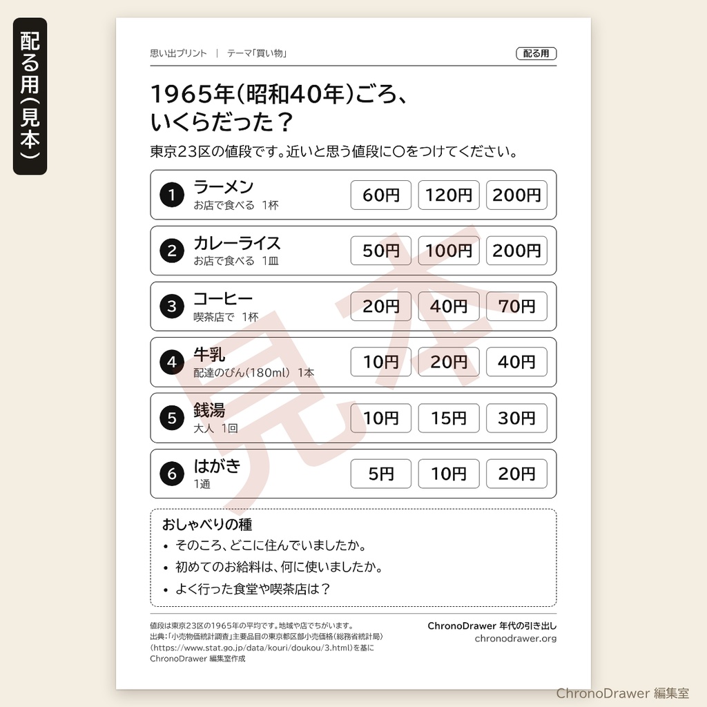 思い出プリント|昭和40年(1965年)ごろの物価クイズ「いくらだった?」高齢者レク 3択プリント+司会用シート A4印刷用PDF