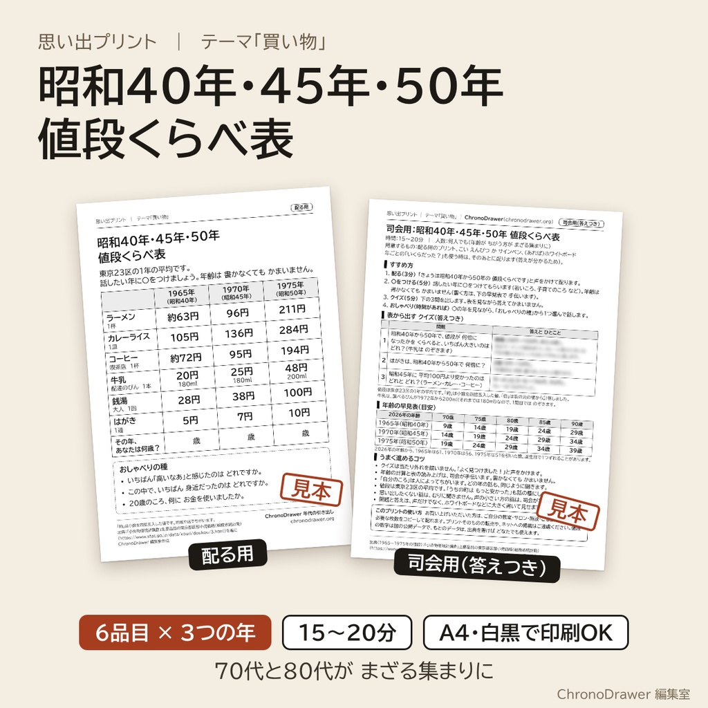 思い出プリント｜昭和40年・45年・50年 値段くらべ表（昭和の物価）高齢者レク 配る用＋司会用シート A4印刷用PDF