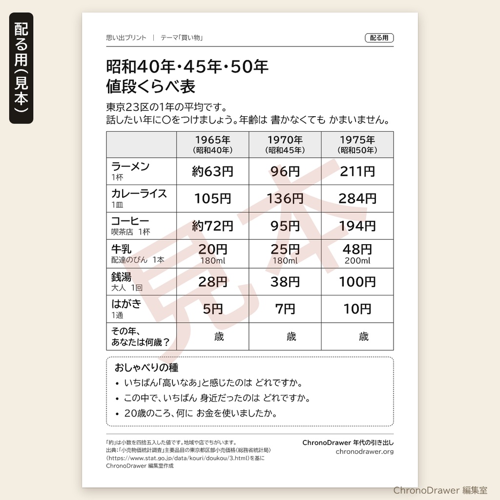 思い出プリント|昭和40年・45年・50年 値段くらべ表(昭和の物価)高齢者レク 配る用+司会用シート A4印刷用PDF