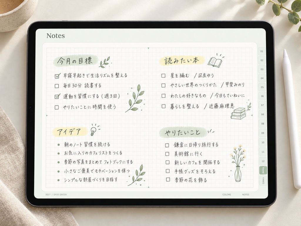 【2027年】リンク付きデジタル手帳|セージグリーン|横向き・24時間ウィークリー|Goodnotes用PDF