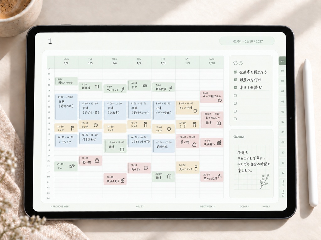 【2027年】リンク付きデジタル手帳|セージグリーン|横向き・24時間ウィークリー|Goodnotes用PDF