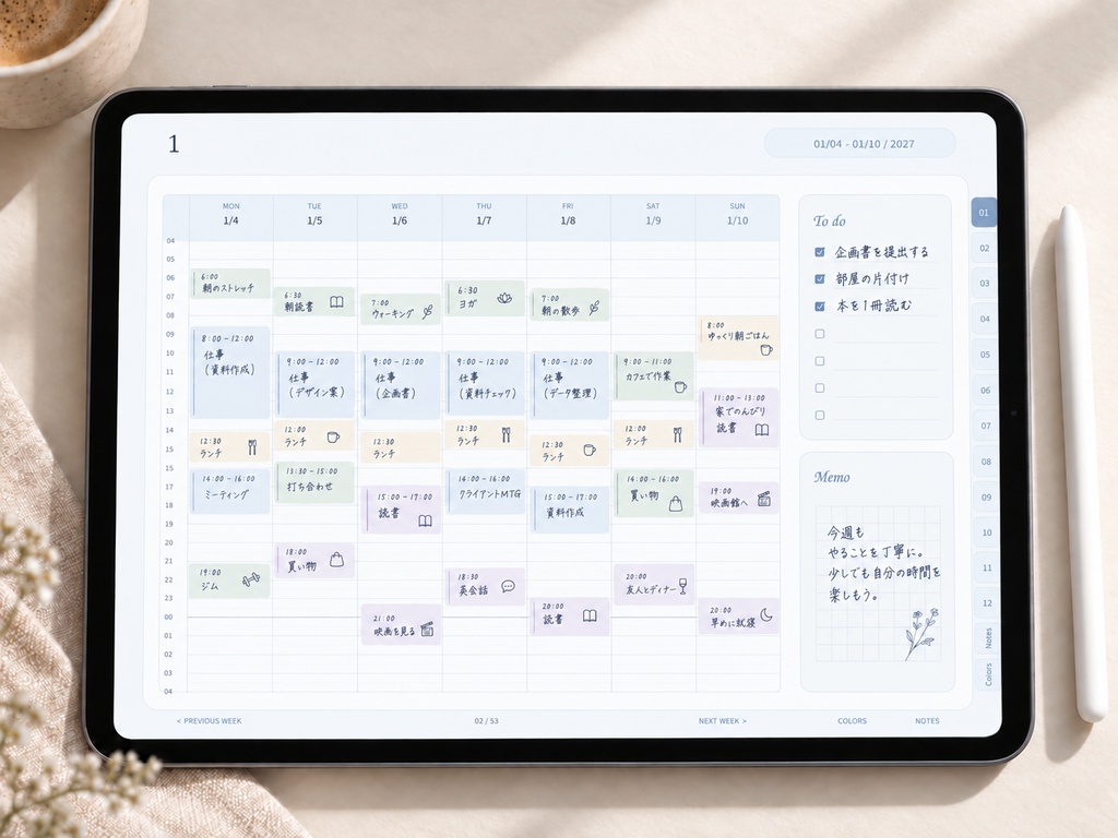 【2027年】リンク付きデジタル手帳|くすみブルー|横向き・24時間ウィークリー|Goodnotes用PDF