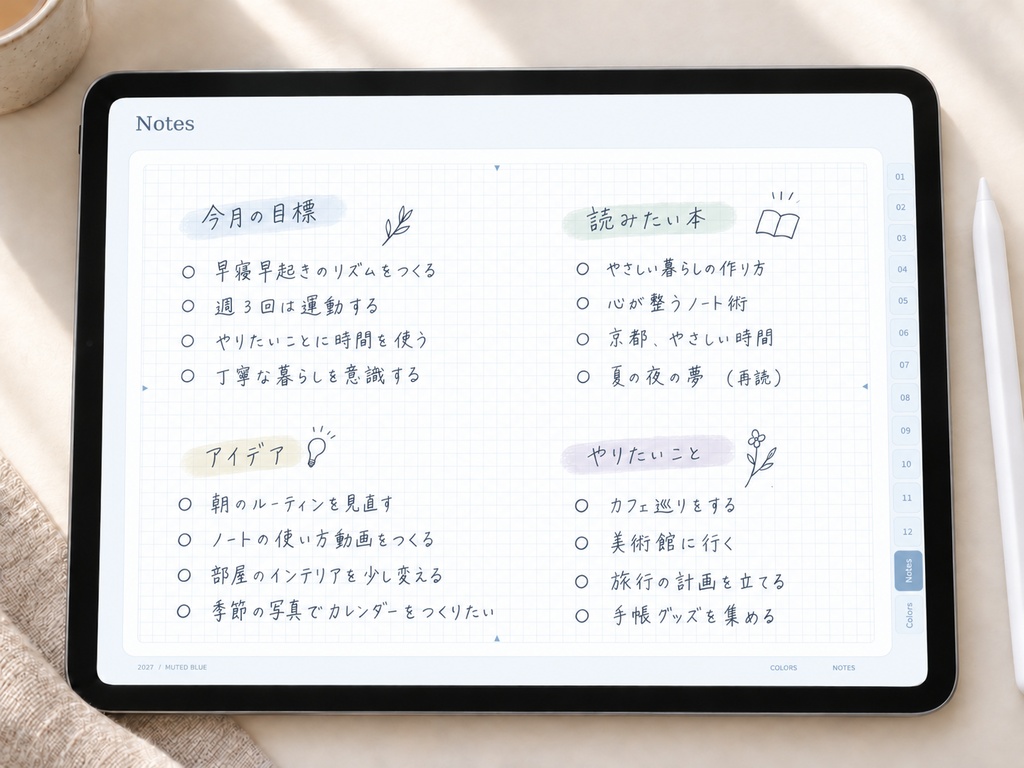 【2027年】リンク付きデジタル手帳|くすみブルー|横向き・24時間ウィークリー|Goodnotes用PDF