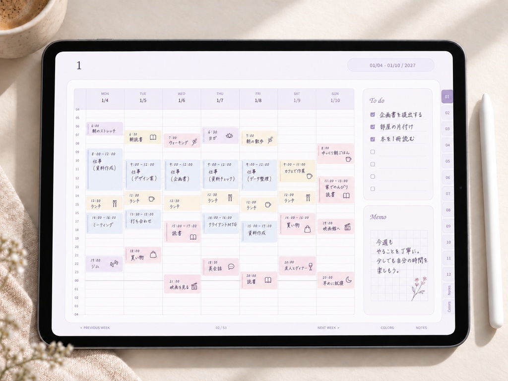 【2027年】リンク付きデジタル手帳|ラベンダー|横向き・24時間ウィークリー|Goodnotes用PDF