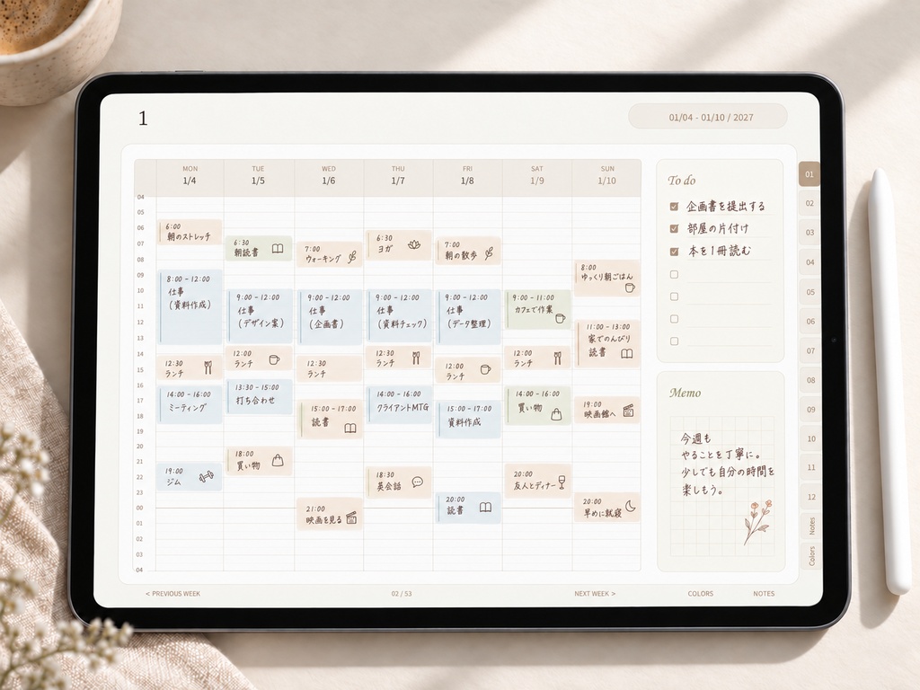 【2027年】リンク付きデジタル手帳|ミルクティーベージュ|横向き・24時間ウィークリー|Goodnotes用PDF