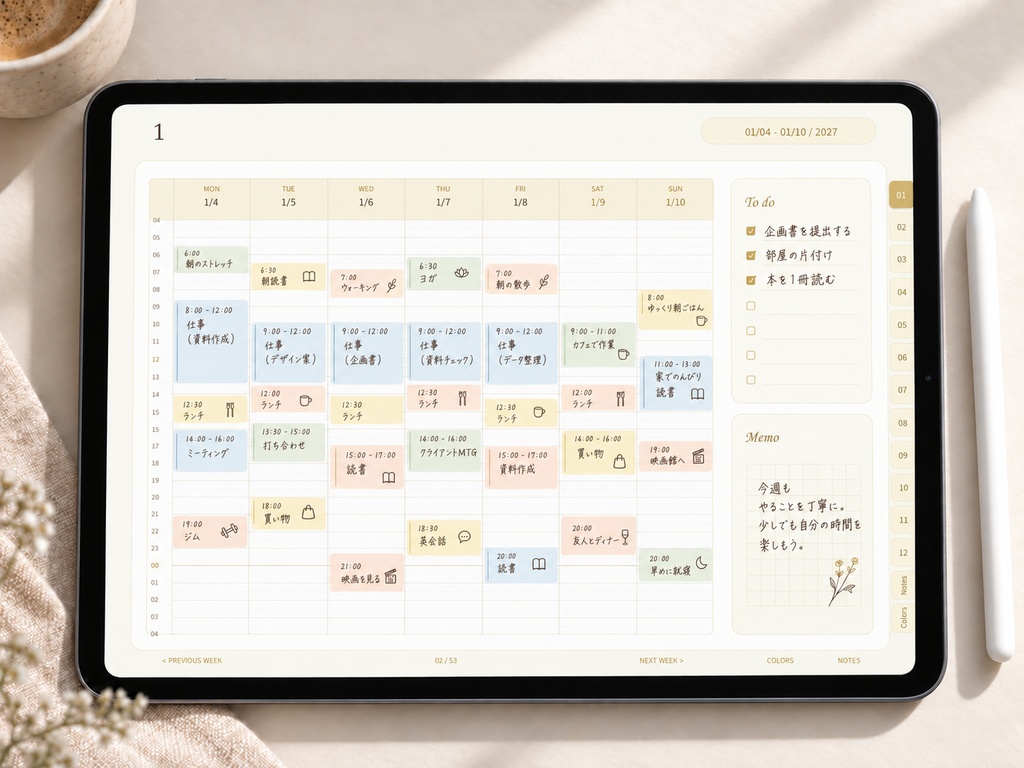 【2027年】リンク付きデジタル手帳|バターイエロー|横向き・24時間ウィークリー|Goodnotes用PDF