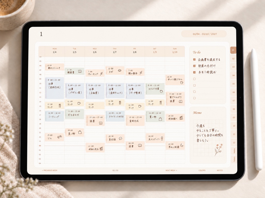 【2027年】リンク付きデジタル手帳|アプリコットオレンジ|横向き・24時間ウィークリー|Goodnotes用PDF
