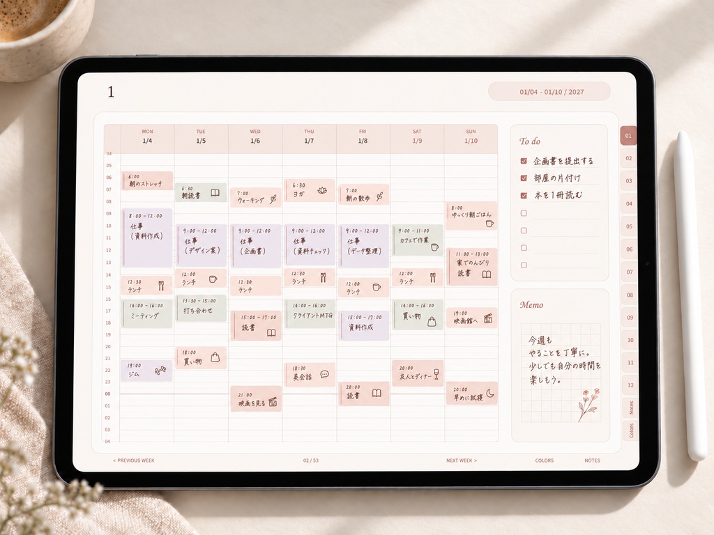 【2027年】リンク付きデジタル手帳｜くすみブリックレッド｜横向き・24時間ウィークリー｜Goodnotes用PDF