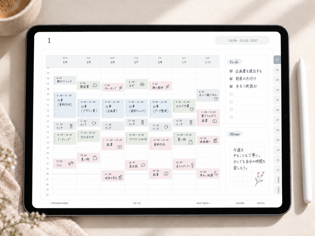 【2027年】リンク付きデジタル手帳|ホワイト|横向き・24時間ウィークリー|Goodnotes用PDF