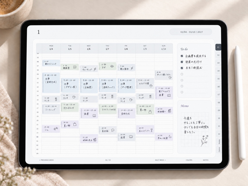 【2027年】リンク付きデジタル手帳|グレー|横向き・24時間ウィークリー|Goodnotes用PDF