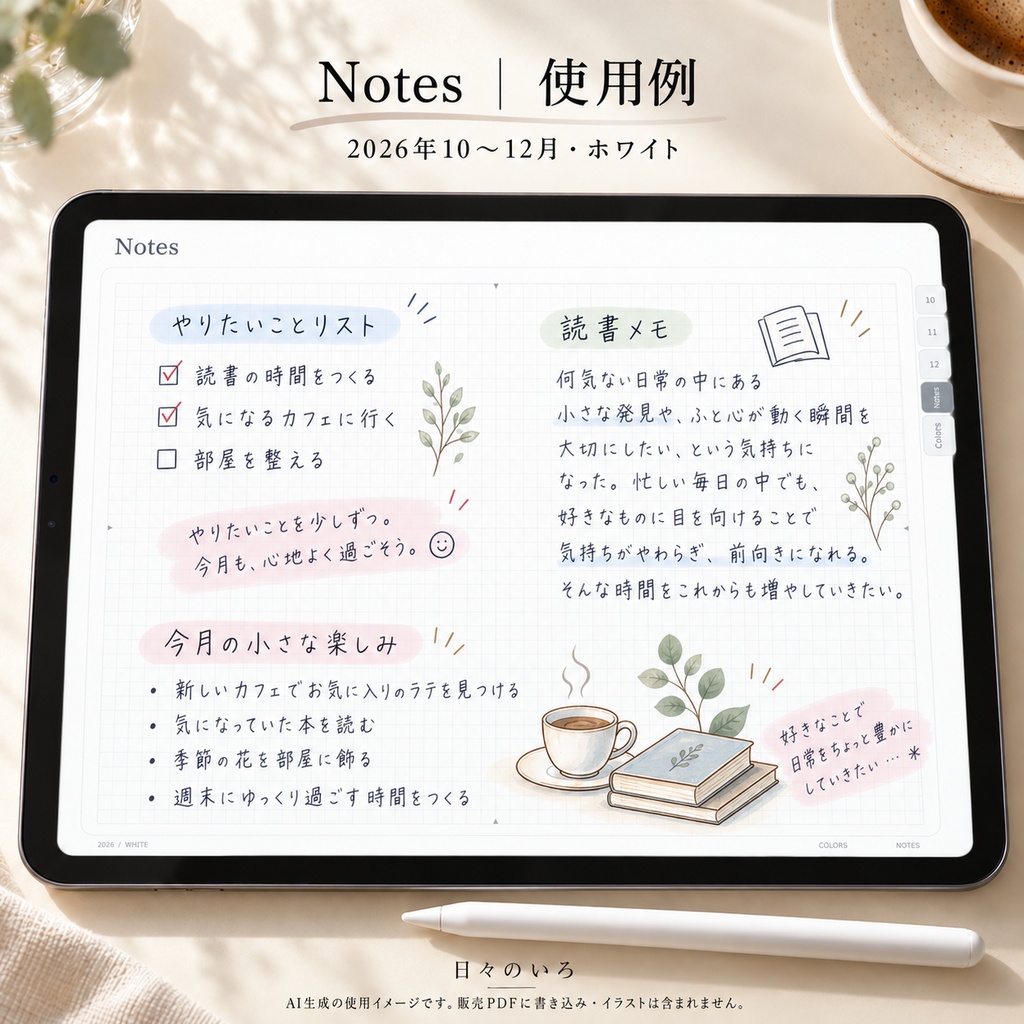 【2026年10〜12月】デジタル手帳お試しセット|週間4タイプ・ホワイト|リンク付き横向きPDF|Goodnotes用