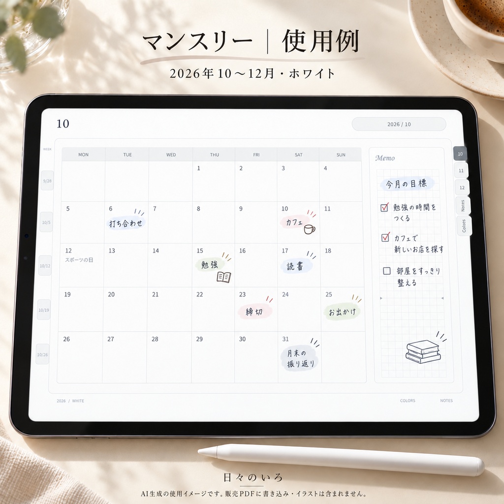 【2026年10〜12月】デジタル手帳お試しセット|週間4タイプ・ホワイト|リンク付き横向きPDF|Goodnotes用